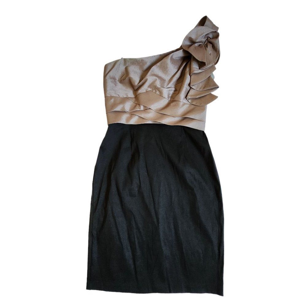 London Times taupe black one shoulder ruffle formal sheath dress sz UNKOWN